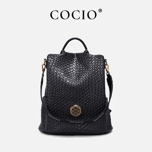 COCIO编织纹双肩包女2024新款潮真皮大容量通勤旅行包手提包背包