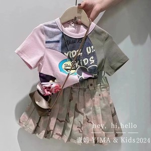 童装女童夏装2024新款韩版套装儿童拼色短袖t恤迷彩百褶裙两件套