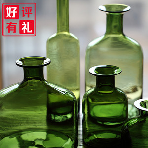 掬涵苔绿色玻璃花瓶艺术玻璃器皿大手工吹制装饰美式乡村摆件墨绿