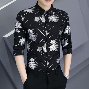 男士冰丝衬衫七分袖夏季高级设计感韩版修身发型师中袖印花衬衣潮
