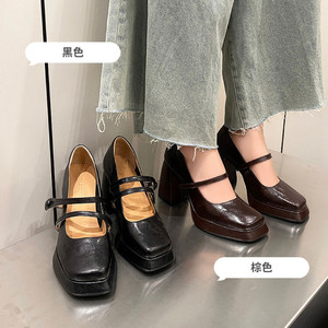 王小琪带纹路羊皮粗跟女式皮鞋一字扣玛丽珍可拆单鞋韩版真皮斜头
