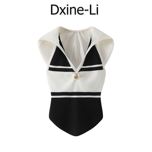 DXINE 2024年春夏季时尚新款海军风黑白条纹连帽针织小背心女装潮