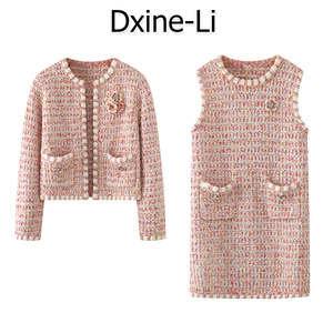 DXINE 2024春季新款小香风订钻花朵外套无袖针织短裙连衣裙套装女