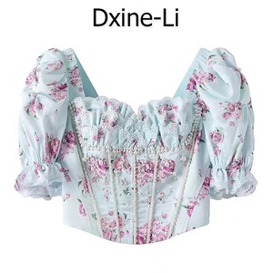 DXINE 2024夏季新款宫廷风钉珠印花修身显瘦泡泡袖花朵衬衫上衣女
