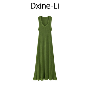DXINE 2024年夏季新款绿色针织裙荷叶边U领无袖长款连衣裙长裙女