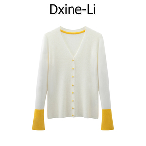DXINE 2023秋冬新品撞色喇叭袖针织衫开衫纯色气质V领毛衣外套女