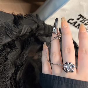 甜酷指甲戒指小众设计感液态金属花朵戒护甲冷淡风连体关节戒指环