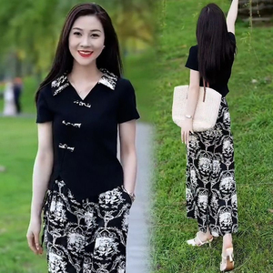 中国风复古盘扣短袖时尚套装女士2024夏装新款洋气阔腿裤裙两件套