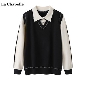 拉夏贝尔/La Chapelle学院风撞色拼接假俩件针织衫女秋季新款毛衣