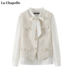 拉夏贝尔/La Chapelle小香风无袖马甲外套法式蝴蝶结衬衫俩件套女
