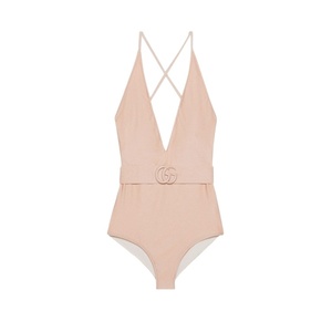 Gucci 古奇 浅粉色徽标logo双GG腰带弹力针织吊带连体泳衣女士