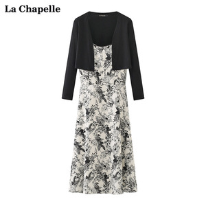 拉夏贝尔/La Chapelle碎花吊带连衣裙针织开衫套装黑色披肩长裙夏