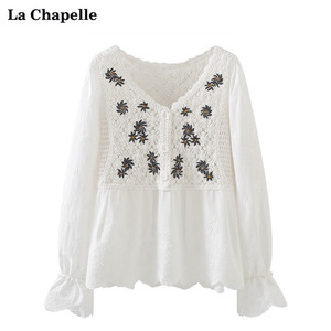 拉夏贝尔刺绣拼接镂空白色衬衫衬衣女春设计感小众假两件长袖上衣