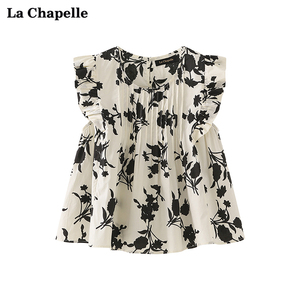 拉夏贝尔/La Chapelle法式碎花甜美无袖衬衫女圆领飞飞袖娃娃衫夏