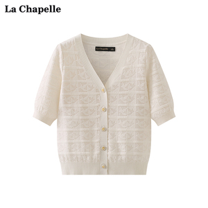 拉夏贝尔/La Chapelle时尚设计感格子暗纹提花V领短袖针织开衫女