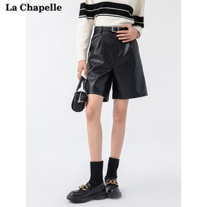 拉夏贝尔/La Chapelle春季五分裤皮短裤女黑色高腰显瘦pu皮休闲裤