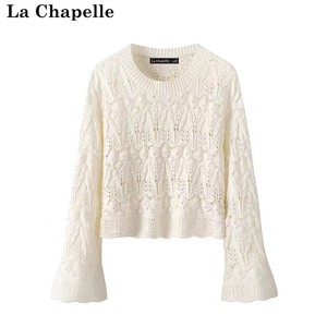 拉夏贝尔/La Chapelle春夏新款镂空针织衫圆领宽松短款长袖毛衣女