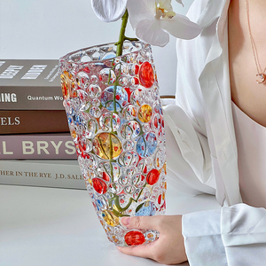 花瓶玻璃摆件轻奢圆点彩绘透明水养插花瓶客厅高颜值网红拍照装饰