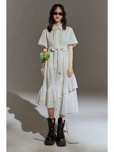重工镂空白色蕾丝连衣裙女2023夏季中长款小众设计感显瘦衬衫裙