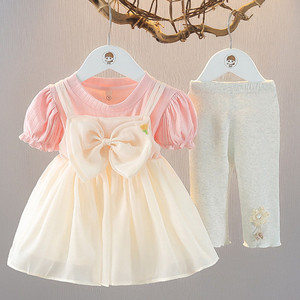 婴儿衣服夏季韩版洋气甜美可爱短袖纱裙分体套装一岁女宝宝连衣裙