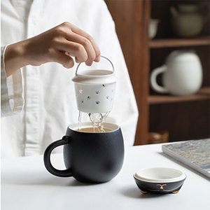 卡通猫泡茶马克杯茶水分离杯陶瓷磨砂带盖茶汤过滤礼品订制杯包邮