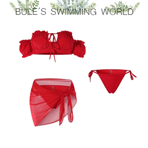 辣妹红色少女分体泳衣裙式三角性感显瘦遮肚比基尼三件套温泉泳装