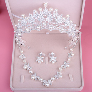 特价新款新娘套链 公主皇冠 韩式大皇冠珍珠项链耳环三件套包邮