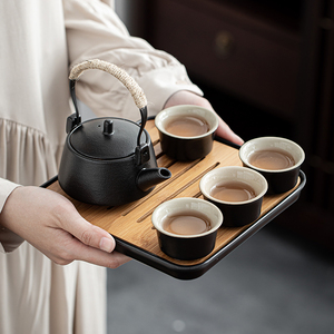 日式复古黑色陶瓷提梁壶功夫茶具小套装家用侧把壶储水式干泡茶盘