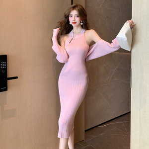 新中式旗袍女国风甜辣粉色针织连衣裙包臀长裙+罩衫两件套装秋冬