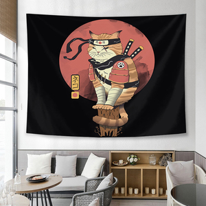 日式武士猫咪布艺卡通挂布房屋布置墙上装饰背景布挂毯床边画布