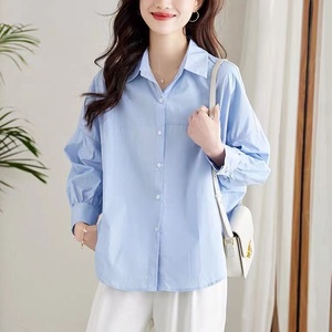 蓝色衬衫女高级感夏季薄款法式复古灯笼袖纯棉上衣设计感小众寸衫
