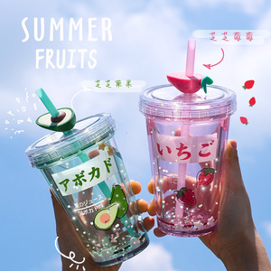 夏季果汁冰杯日式网红ins创意塑料杯注水闪片杯双层防烫吸管杯子
