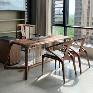 方卯新中式茶桌椅组合白蜡木实木茶几现代简约黑胡桃木禅意茶桌