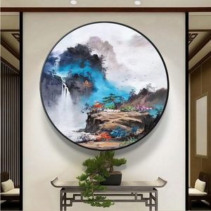 手绘油画圆形玄关装饰画现代简约餐厅挂画卧室壁画新中式风景山水