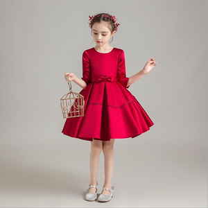 儿童晚礼服红色长袖短款公主蓬裙女童钢琴演出服花童装小主持人