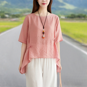 粉色民族风棉麻衬衫女2024夏短袖大码宽松遮肚减龄显瘦中长款上衣