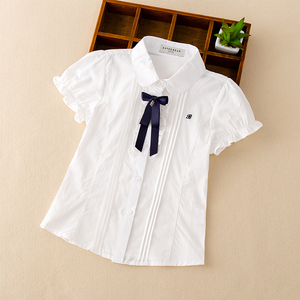 女童白衬衫学院风儿童短袖上衣夏装女洋气中大童衬衣童装2023韩版