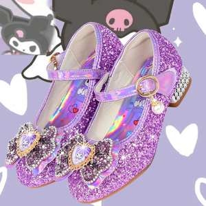 女童高跟鞋春秋库洛米童鞋儿童紫色公主水晶鞋软底单鞋小孩子皮鞋