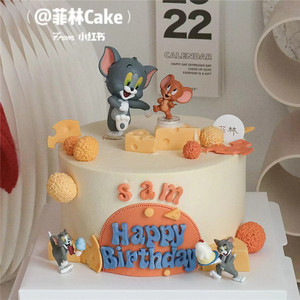Q版猫和老鼠蛋糕装饰摆件汤姆猫JerryTom奶酪翻糖巧克力模具插牌