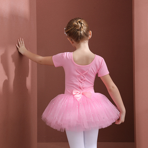 儿童舞蹈服夏季短袖粉色纯棉女童练功服少儿芭蕾舞亮片纱裙中国舞