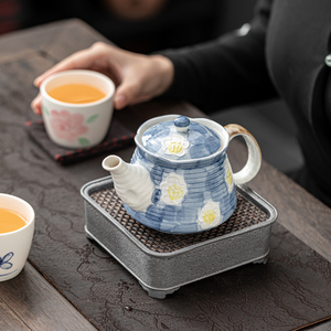 玖田烧高颜值陶瓷泡茶壶日式手绘蓝底茉莉咖啡壶餐厅水壶家用茶具