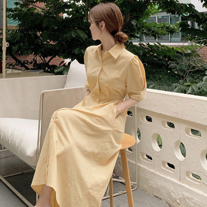 韩国chic优雅气质翻领收腰系带单排扣短袖鹅黄色长款衬衫连衣裙女