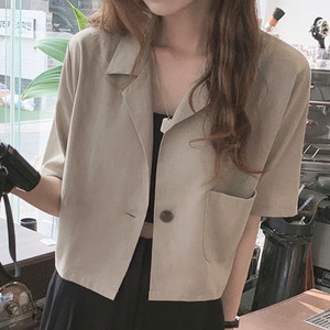 韩版复古港风棉麻短袖西装女夏季一粒扣百搭宽松短款时尚小外套