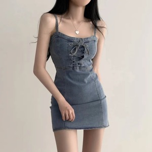 韩国chic夏季新款百搭性感收腰显瘦系带吊带牛仔短裙包臀连衣裙女