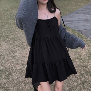 韩国chic夏季新款法式气质简约休闲小个子系带吊带连衣裙黑色短裙