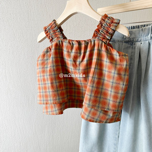 包邮韩版夏季女童复古小背心儿童IN风套头 橘色格子吊带衬衫
