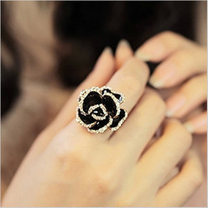 J622 义乌 韩国进口饰品 镶钻黑玫瑰花开口戒指