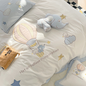 卡通可爱小飞象全棉水洗棉四件套纯棉儿童床单被套蓝色床上用品