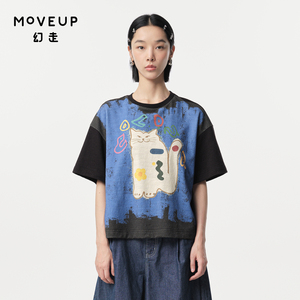 MOVEUP幻走2024春季新款.FUN系列圆领可爱猫咪设计师短款T恤女