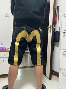 Evisu福神夏季新款短裤休闲时尚金色大M宽松男女简约运动牛仔短裤
